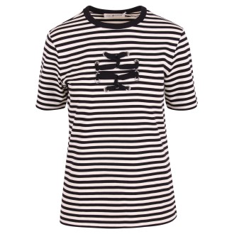 Tory Burch Stylized Logo Striped Cotton T-Shirt L