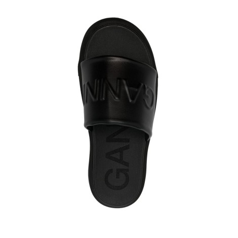 GANNI Sandali neri in ecopelle con cinturino con logo Ganni in rilievo