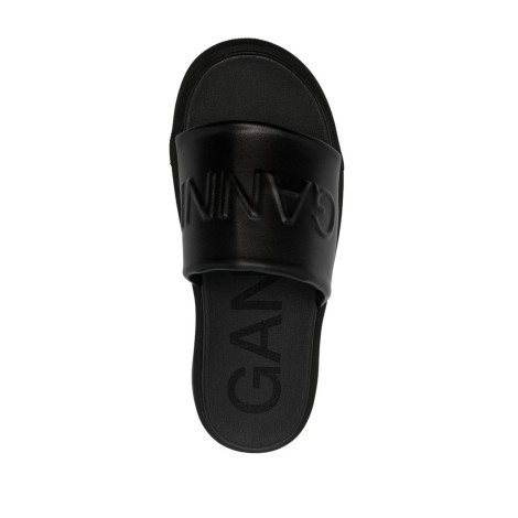 GANNI Sandali neri in ecopelle con cinturino con logo Ganni in rilievo