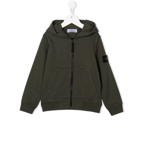 STONE ISLAND JUNIOR Felpa Zippata Verde Militare Kids Con Cappuccio e Badge Logo