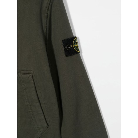STONE ISLAND JUNIOR Felpa Zippata Verde Militare Kids Con Cappuccio e Badge Logo