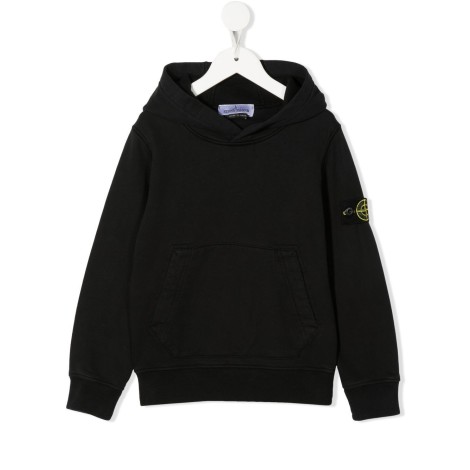 STONE ISLAND JUNIOR Felpa Nera Kids Con Cappuccio e Badge Logo