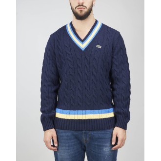 LACOSTE Pullover in lana con collo a V e righe a contrasto, classic fit Lacoste<BR/>