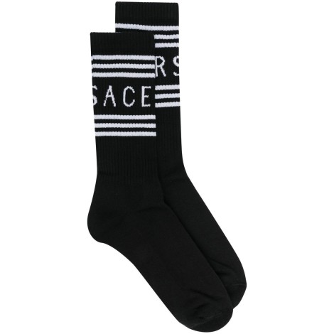 VERSACE calzini ricamati in cotone nero con logo Versace bianco