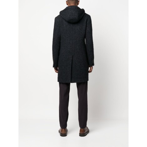 MANUEL RITZ Cappotto doppiopetto in lana blu navy con stampa chevron