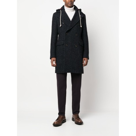 MANUEL RITZ Cappotto doppiopetto in lana blu navy con stampa chevron