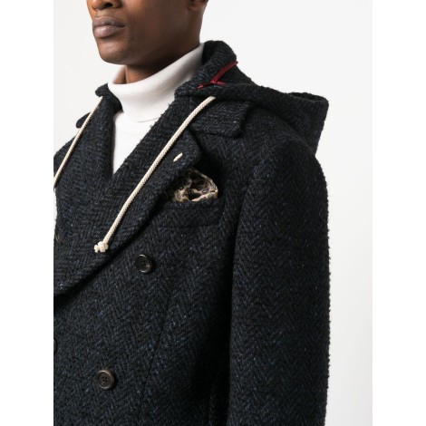 MANUEL RITZ Cappotto doppiopetto in lana blu navy con stampa chevron