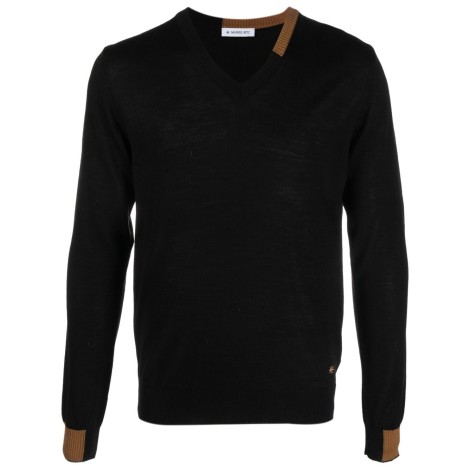 MANUEL RITZ maglia nera in lana merino con scollo a V marrone a contrasto