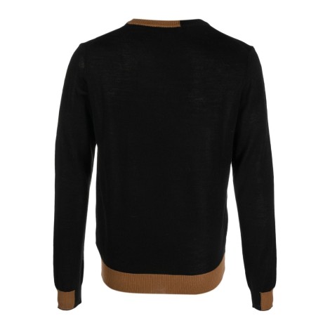 MANUEL RITZ maglia nera in lana merino con scollo a V marrone a contrasto