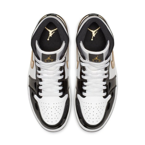 Jordan 1 Mid Patent Black White Gold