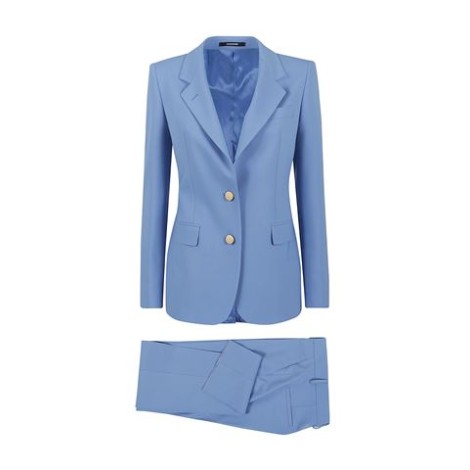 Tailleur di Tagliatore, da donna, colore azzurro. Modello con giacca collo revers, maniche lunghe e chiusura due bottoni a contrasto. Tasche patta con bottoni. Pantalone liscio, con passanti per cintura e chiusura frontale. Vestibilità