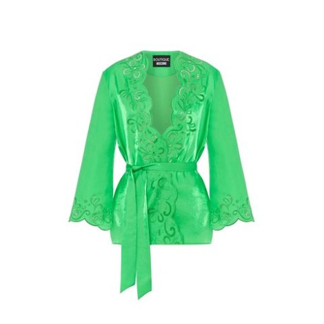 Giacca kimono di BOUTIQUE MOSCHINO, da donna verde. Modello con dettaglio cut-out a fiori, parte frontale aperta senza chiusure, maniche lunghe e cintura fusciacca rimovibile. Caratterizzato da ricami floreali traforati. Vestibilità morbida. 