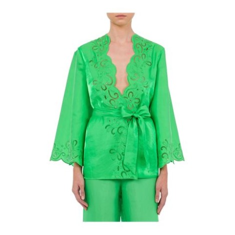 Giacca kimono di BOUTIQUE MOSCHINO, da donna verde. Modello con dettaglio cut-out a fiori, parte frontale aperta senza chiusure, maniche lunghe e cintura fusciacca rimovibile. Caratterizzato da ricami floreali traforati. Vestibilità morbida. 