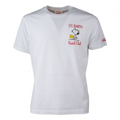 T-shirt in cotone bianca con ricamo Snoopy