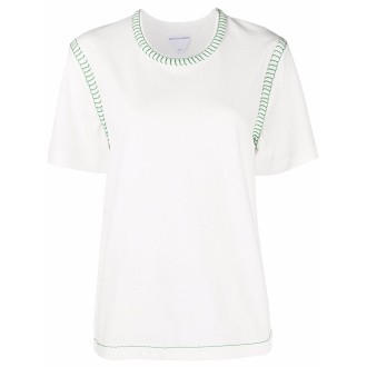 BOTTEGA VENETA T-shirt nera in bianco punto overlock con cuciture a contrasto verdi