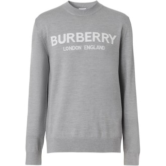 BURBERRY maglia grigia in cotone e lana con logo Burberry  bianco a intarsio