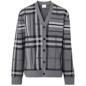 BURBERRY cardigan grigio in maglia di lana con motivo a quadri con scollo a V