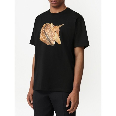 BURBERRY t-shirt in cotone nero con stampa cervo in cotone