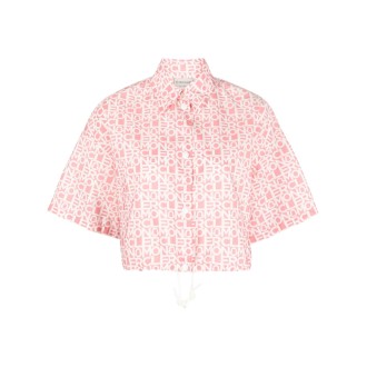 MONCLER Camicia cropped rosa corallo e bianca con logo Moncler