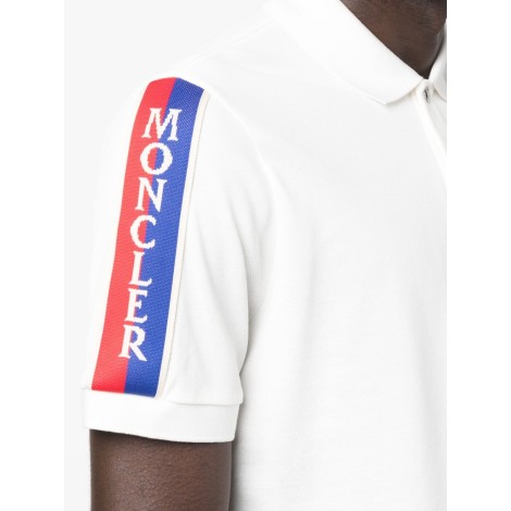 MONCLER polo bianca e blu in cotone con rifiniture con patch logo Moncler