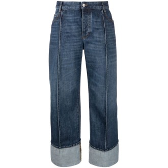 BOTTEGA VENETA jeans cropped in cotone blu con cuciture curve e vita alta