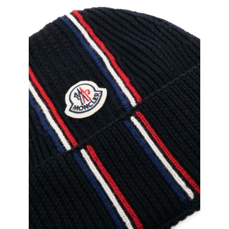 MONCLER cappello in maglia di lana vergine blu navy e rosso
