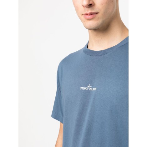 STONE ISLAND T-shirt a maniche corte in cotone blu con logo Stone Island bianco