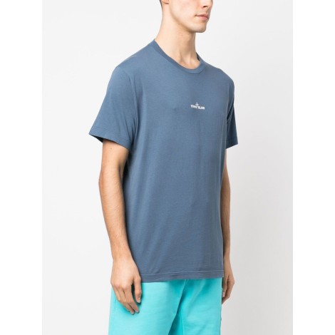 STONE ISLAND T-shirt a maniche corte in cotone blu con logo Stone Island bianco