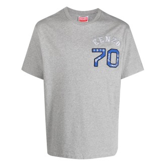 KENZO T-shirt grigia in cotone con logo Kenzo ricamato bianco e blu