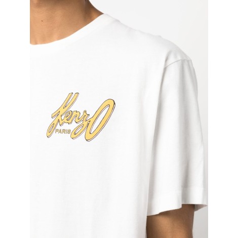 KENZO T-shirt bianca in cotone con stampa del logo Kenzo dorato sul petto