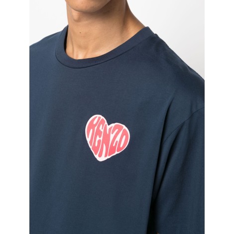 KENZO T-shirt blu navy in cotone con stampa del logo Kenzo rosso