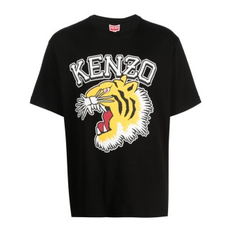 KENZO T-shirt nera in cotone con logo Tiger Head