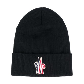 MONCLER GRENOBLE cappello nero in lana vergine con patch logo Moncler Grenoble