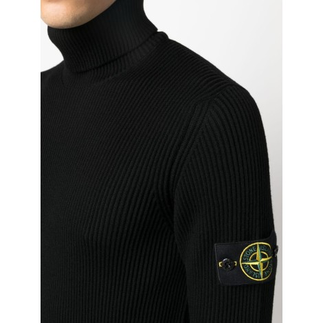 STONE ISLAND maglione collo alto in lana nera con lavorazione a maglia