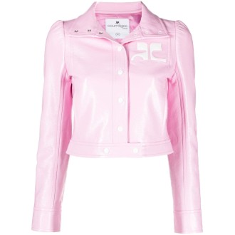 COURRÈGES giacca corta in cotone e vinile rosa con finitura lucida e stropicciata