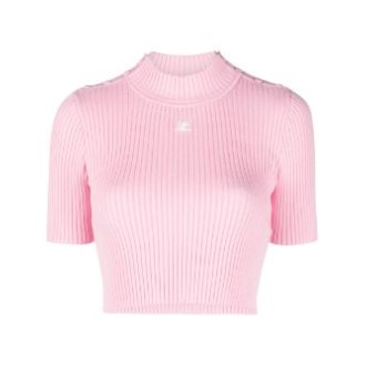 COURRÈGES top corto rosa a coste con logo Courrèges bianco