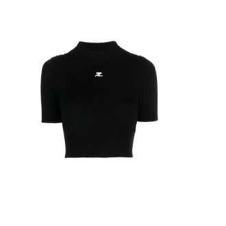 COURRÈGES maglia corta nero a coste con logo Courrèges