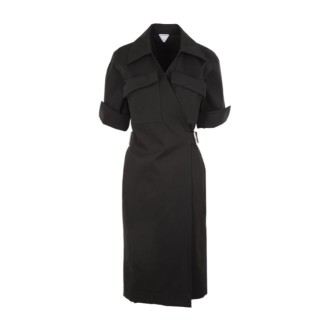 BOTTEGA VENETA black regular fit cotton unlined twill midi dress