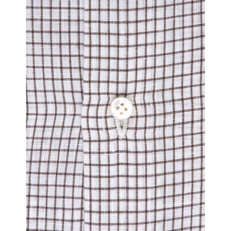 RUSSO CAPRI Camicia In Lino Bianco Con Motivo a Quadri Graph Marrone
