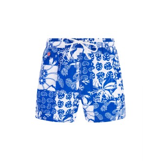 KITON Shorts Da Mare Blu e bianco Con Maxi Pattern floreale