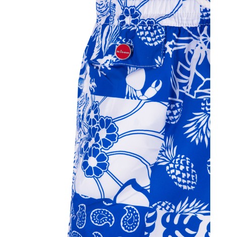 KITON Shorts Da Mare Blu e bianco Con Maxi Pattern floreale