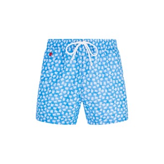 KITON Shorts Da Mare Blu e bianco Con Micro Pattern pesci