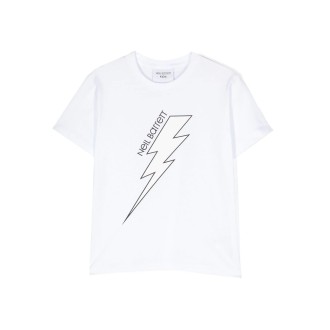 NEIL BARRETT KIDS T-Shirt Bianca Con Stampa Logo e Fulmine
