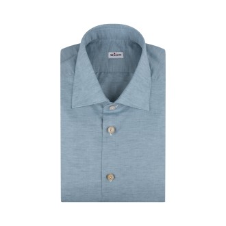 KITON Camicia In Cotone e Lino Blu Laguna