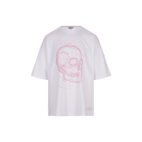 ALEXANDER MCQUEEN T-Shirt Oversize Bianca Con Stampa Skull Rosa