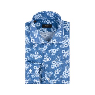 DANDY LIFE Camicia In Lino Azzurro Con Stampa Ibisco