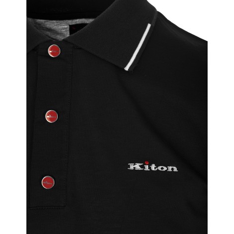 KITON Polo Nera Con Logo e Righe