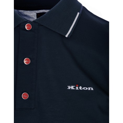 KITON Polo Blu Scuro Melange Con Logo e Righe