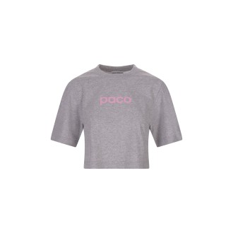PACO RABANNE T-Shirt Crop Grigia Con Logo Rosa Fronte e Retro
