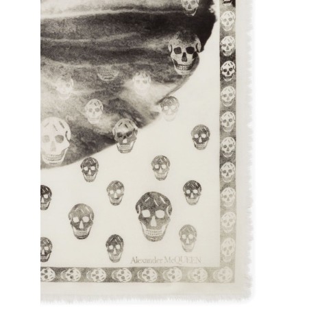 ALEXANDER MCQUEEN Foulard Skull Classico Con Stampa Orchid In Avorio e Nero